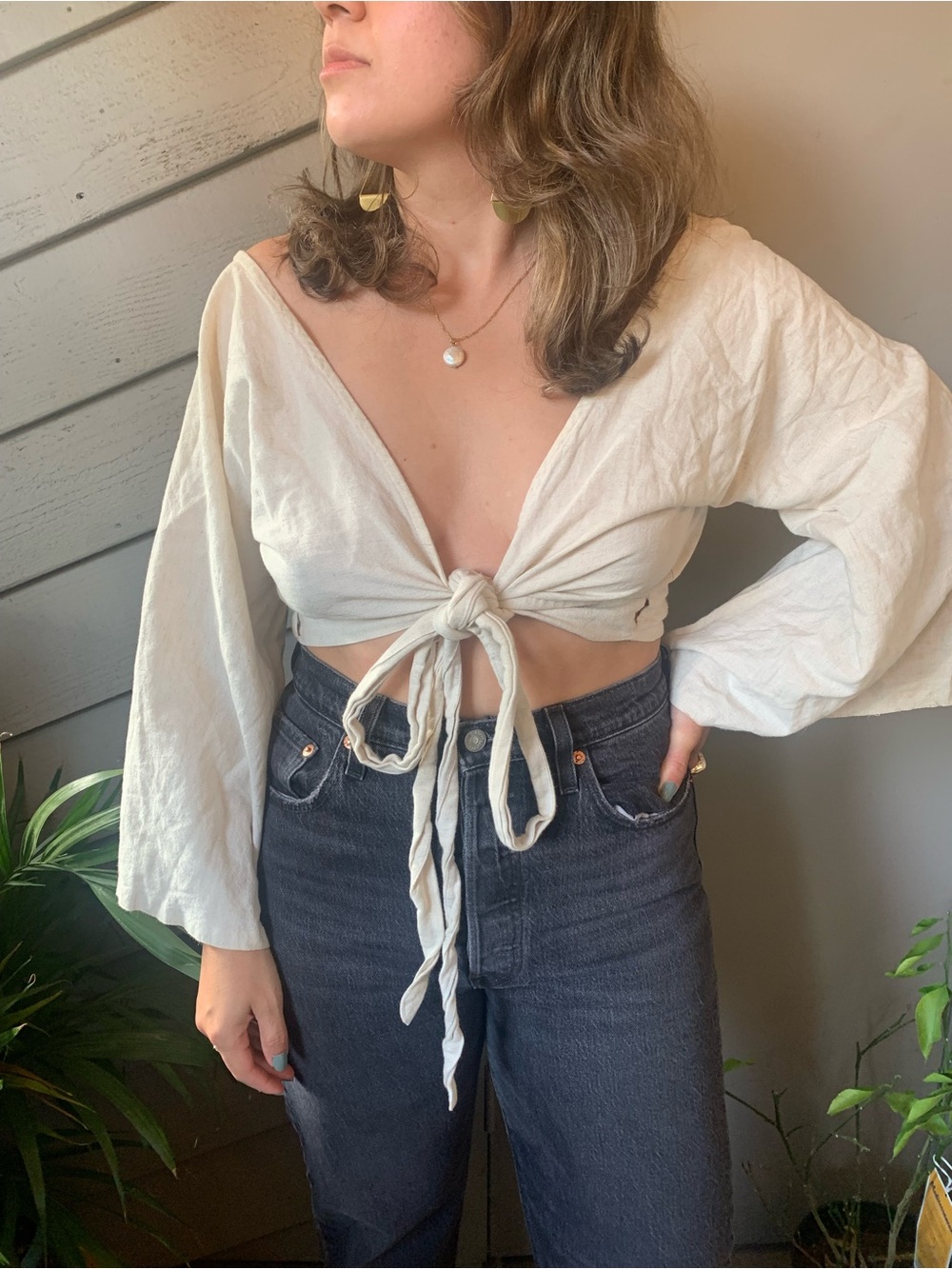 Boho Linen Wrap Top in Cream
